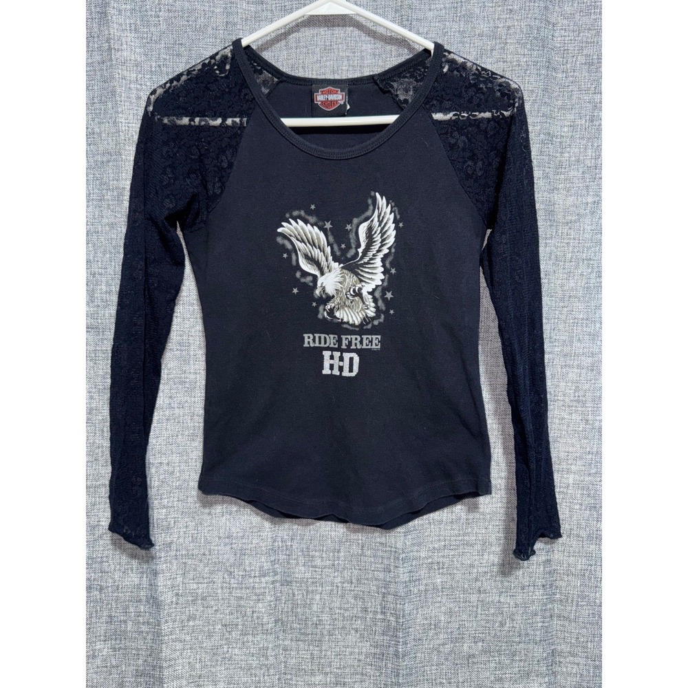 Harley-Davidson Womens Black Lace Sleeve Eagle Graphic Top Denver CO Small